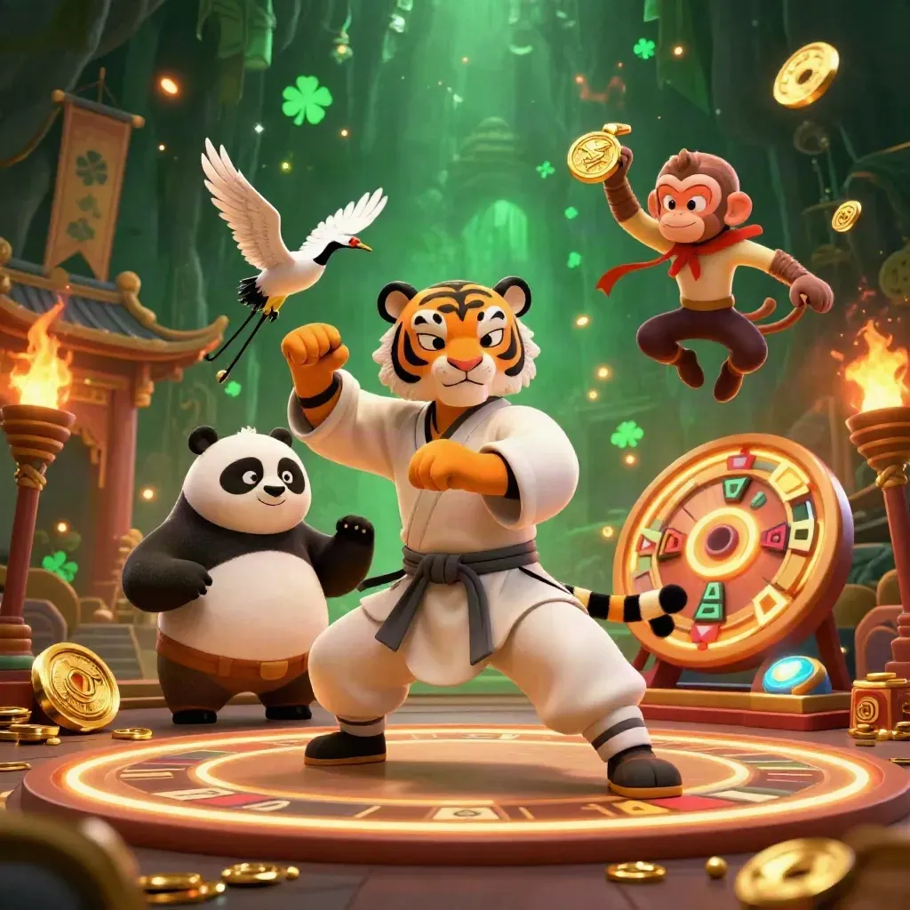 Tiger, panda, and monkey in a casino-temple scene with roulette wheel and gold glow