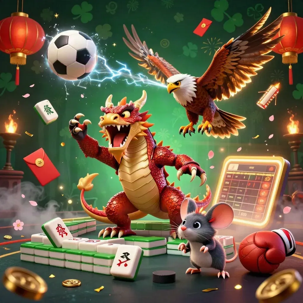Storm-dragon, wind hawk and electric mouse explode amid casino sports props and glowing gold coins.