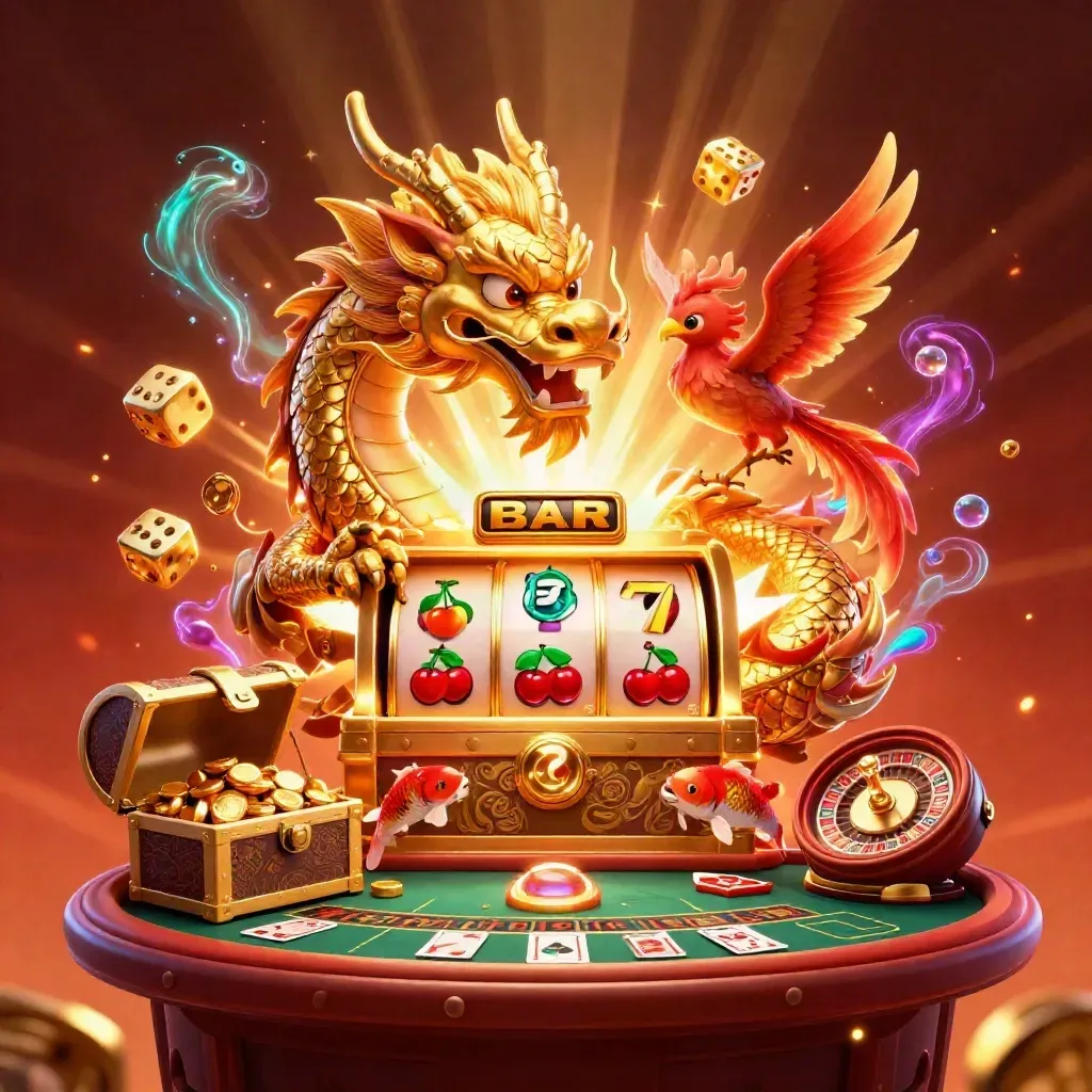 Golden dragon, phoenix, koi and casino symbols erupt around a slot machine in a luxe crimson scene.