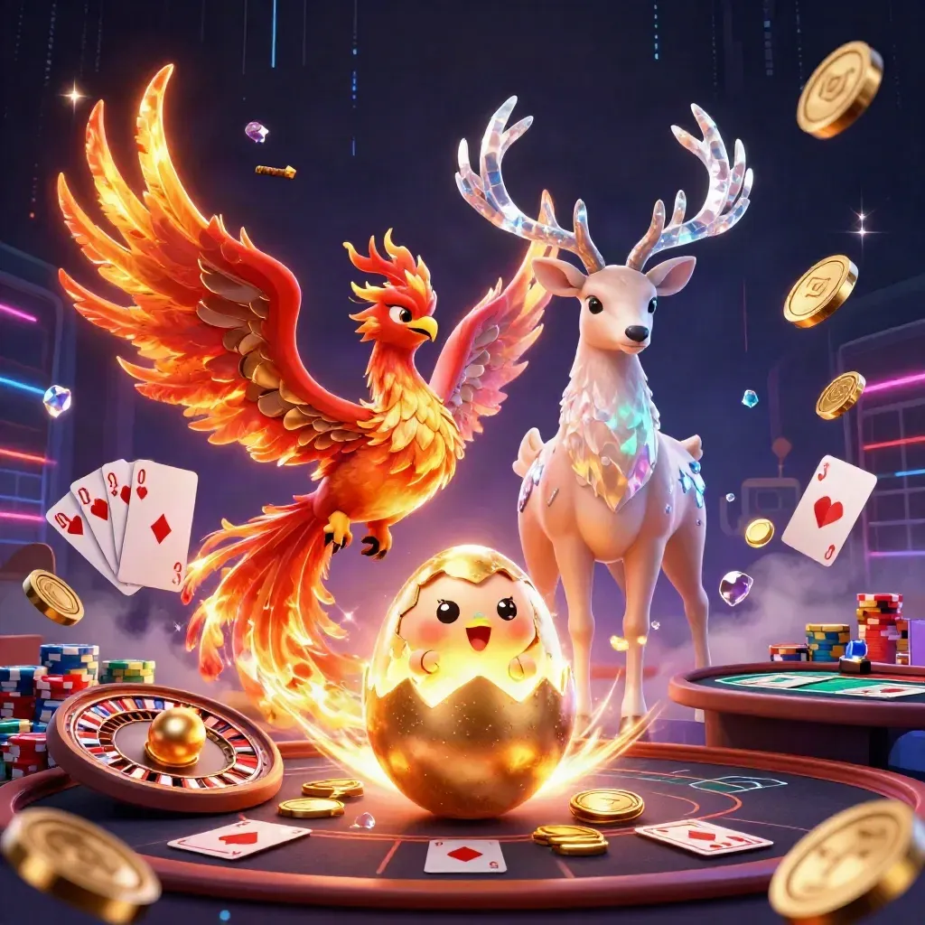 Fire phoenix, hatchling, and crystal stag amid casino gold, gems, roulette, and neon haze.
