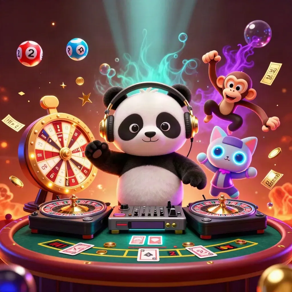 DJ panda, breakdancing monkey, and glow-stick kitten amid casino lights and flying game props