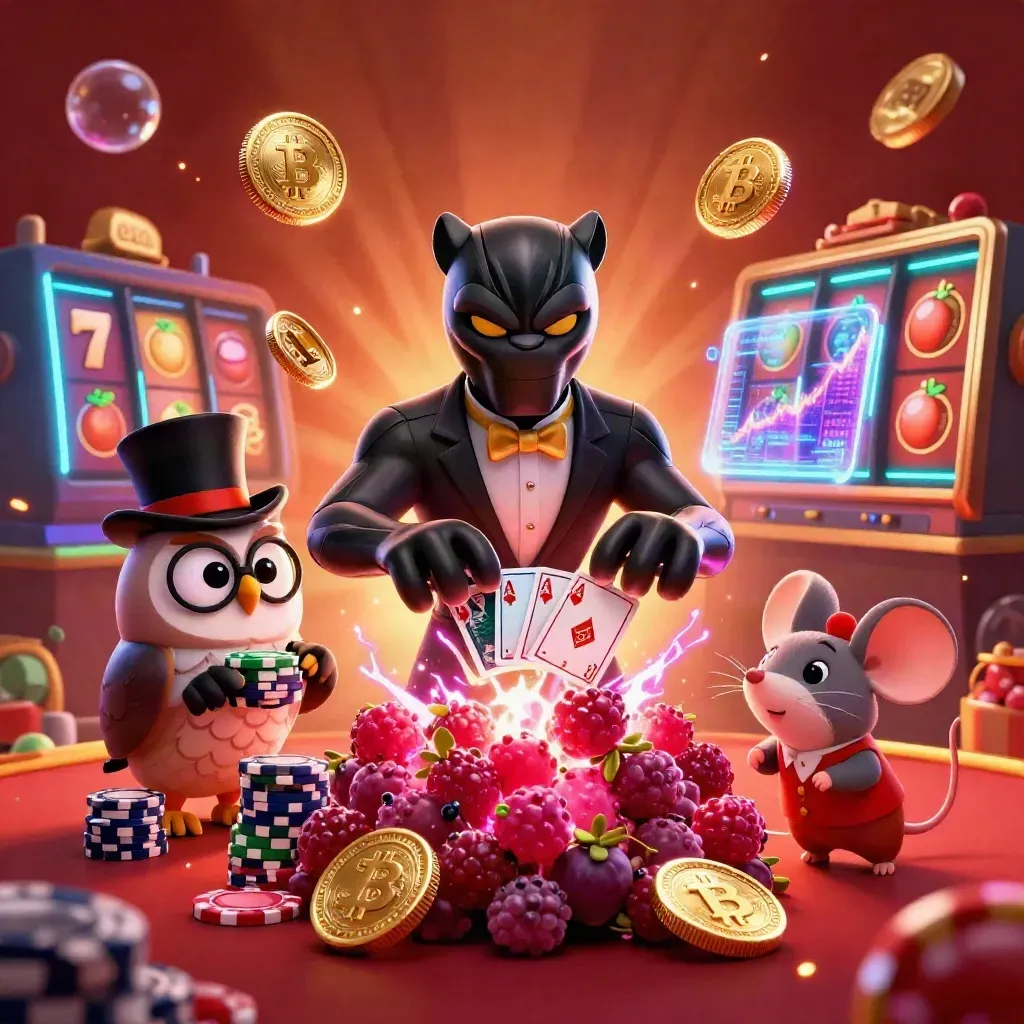 Black panther, owl, and mouse in a luxe casino burst with coins, chips, and neon berry glow.