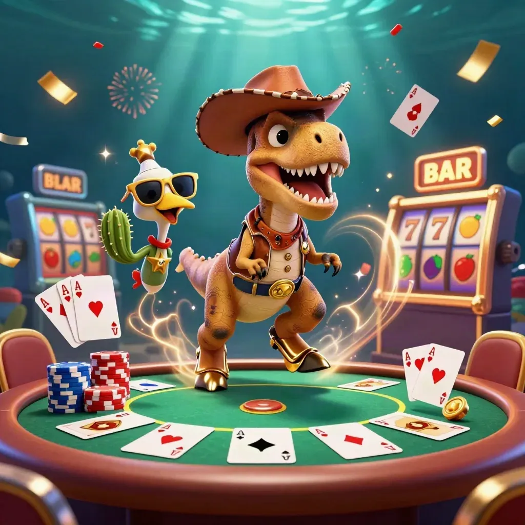 Cowboy T-Rex, cactus sidekick, and sheriff roadrunner amid chips, cards, fireworks, and gold neon.