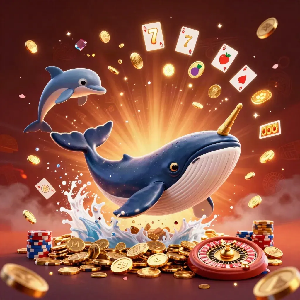 Whale captain, narwhal and dolphins burst through coins with gems, roulette and chips.
