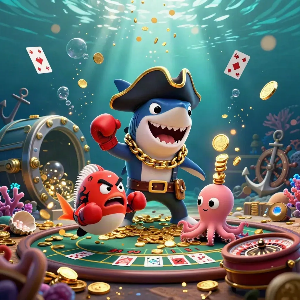 Shark pirate, boxing pufferfish, and juggling octopus amid gold coins and casino treasures underwater.