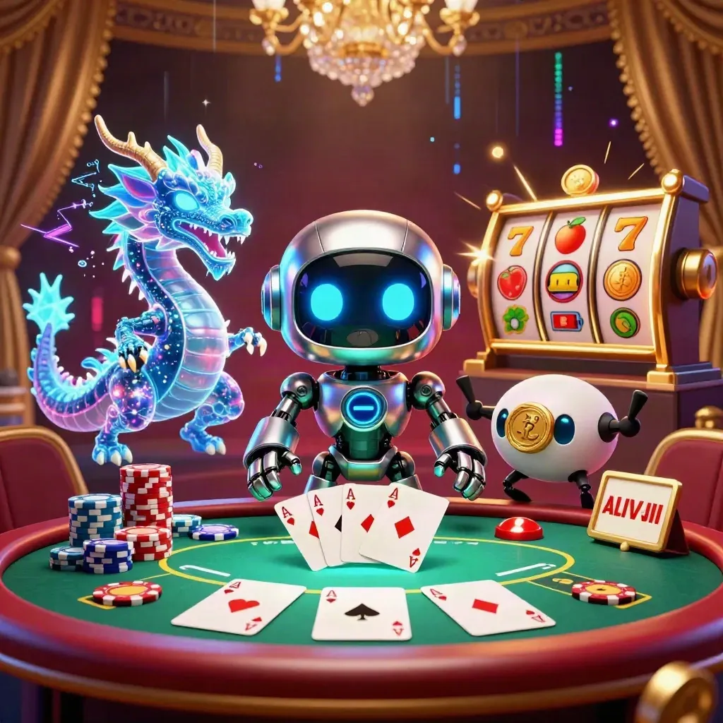 Cyberpunk robot, holographic dragon and coin drone amid casino cards, chips and neon effects.