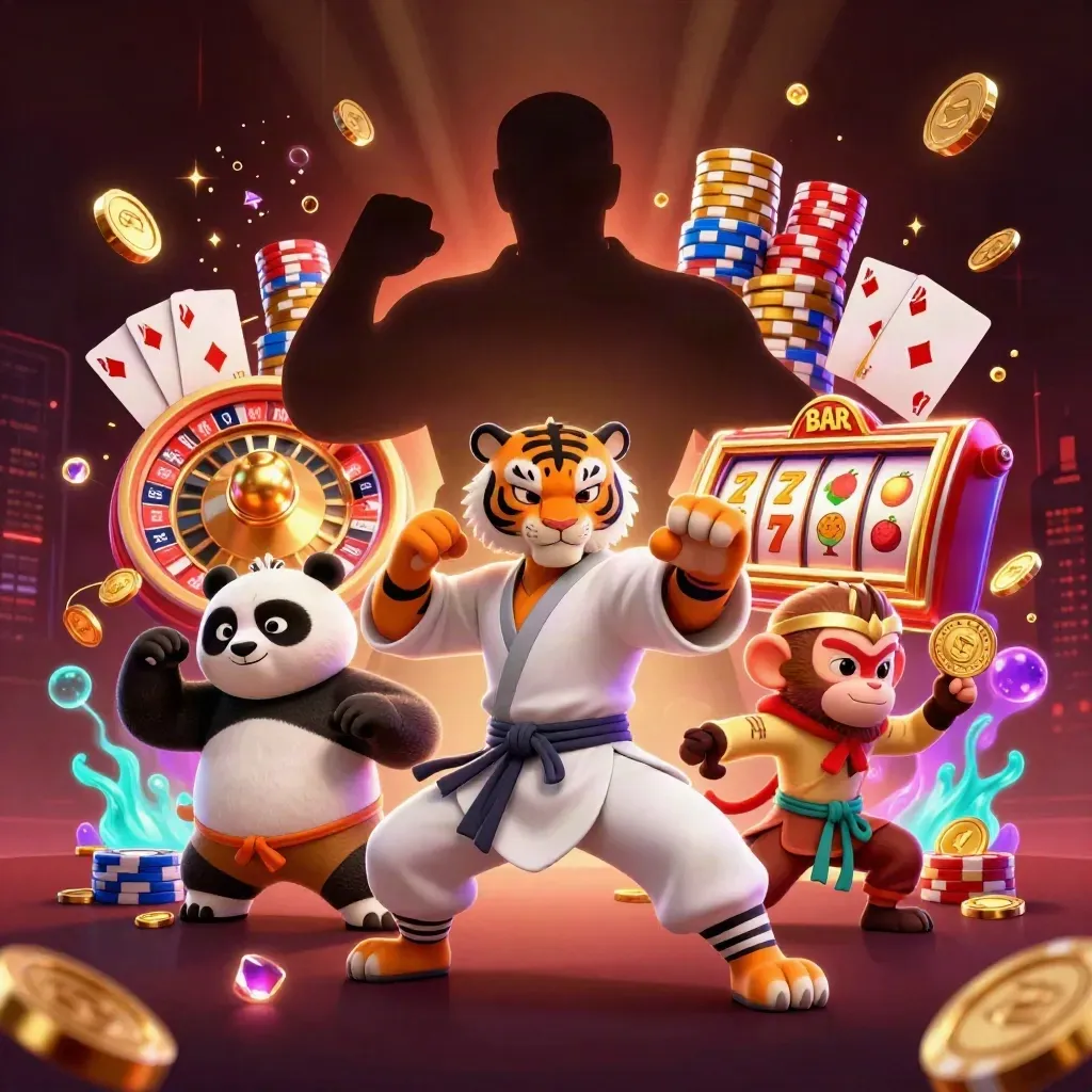 Kung-fu tiger, panda, and monkey amid casino coins, chips, roulette, cards, and neon glow.