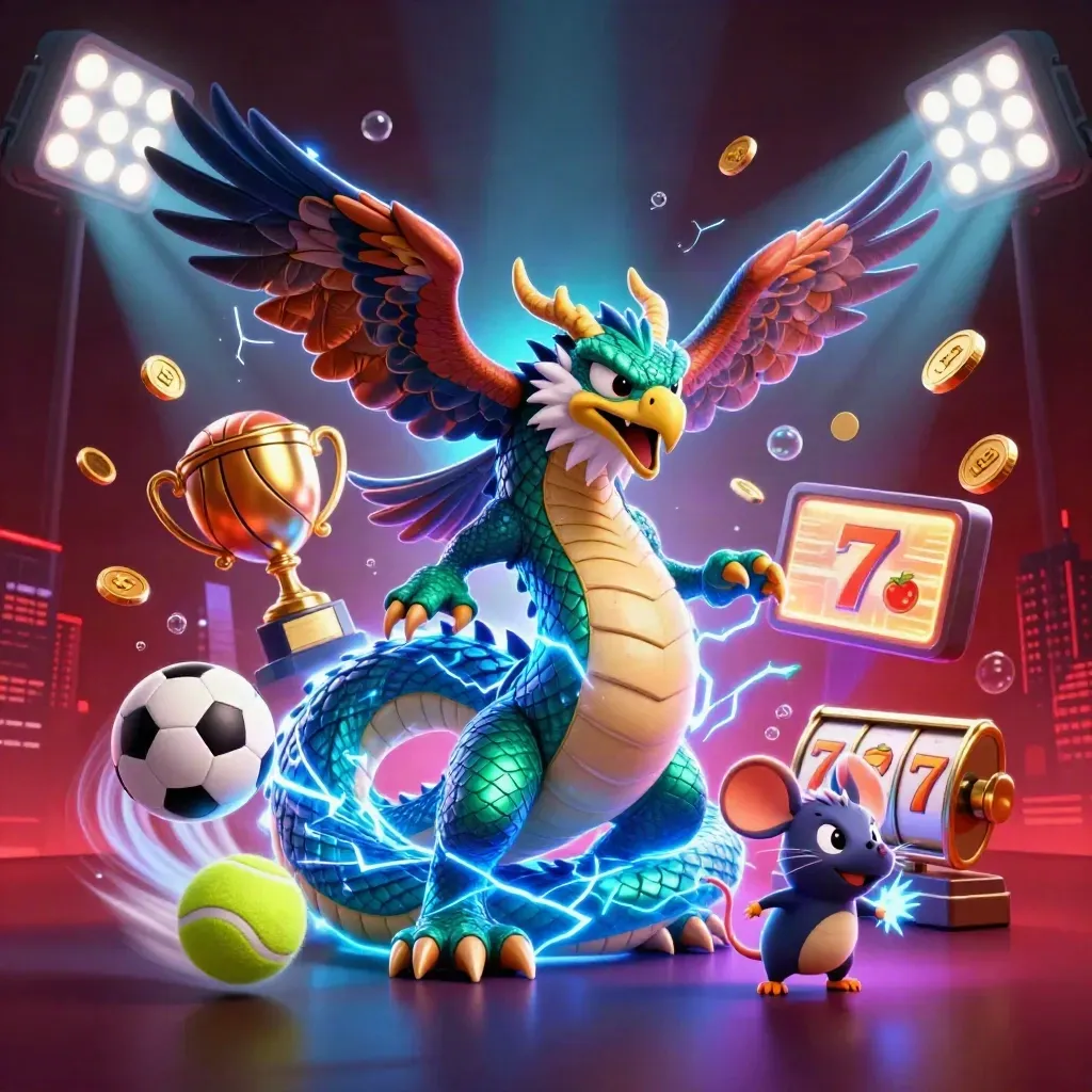 Thunder dragon, wind hawk, and mouse amid casino sports loot and neon lightning