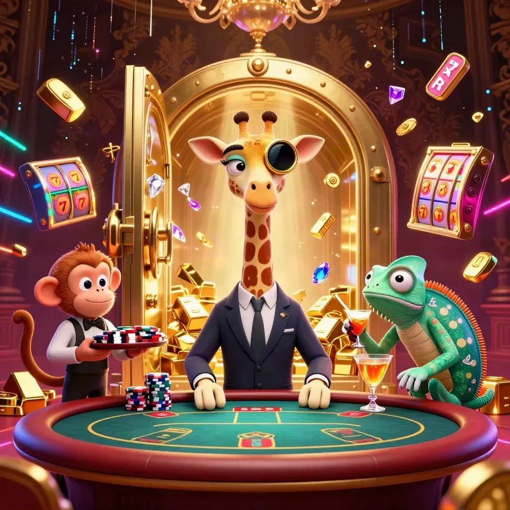 Giraffe, monkey valet, and chameleon bartender amid vault loot and neon casino energy.